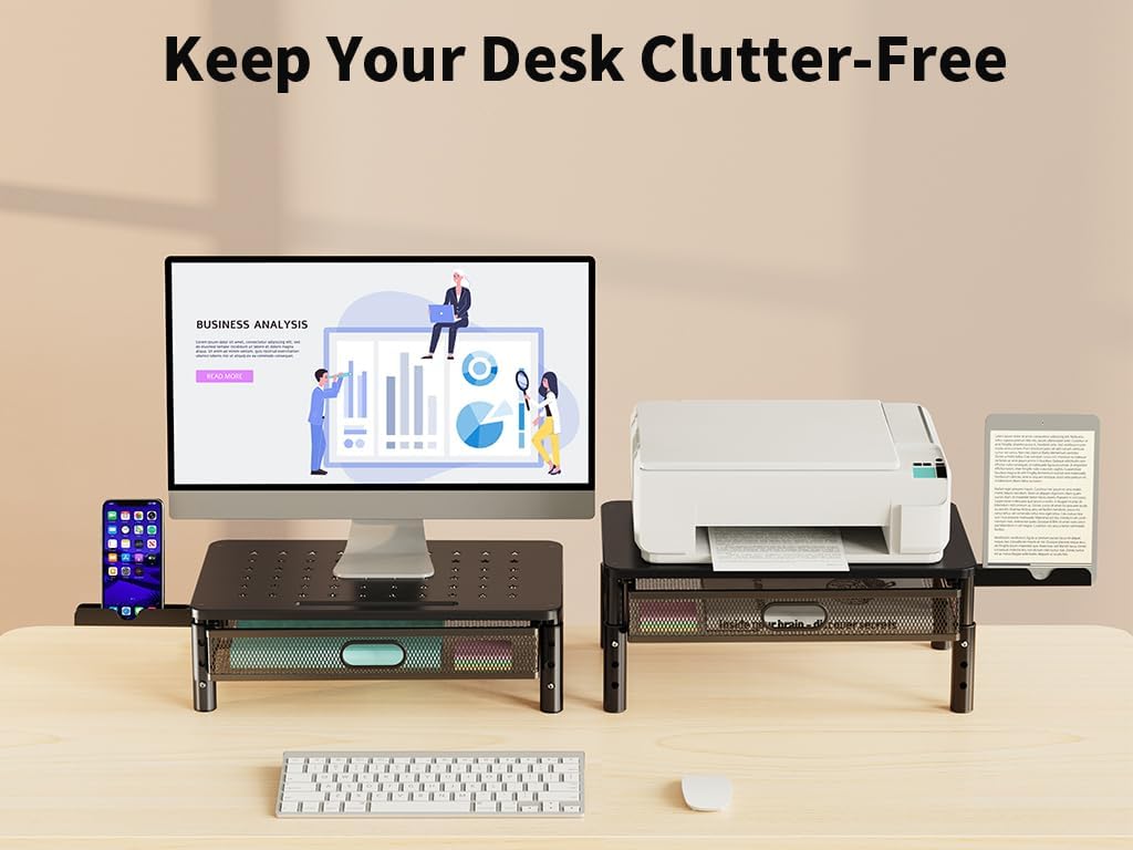 EconoMe Monitor Stand Riser with Metal Mesh Drawer, Height Adjustable with Phone Holder for Computer, Laptop, Printer, Notebook, Computer Monitor Stand with Storage
