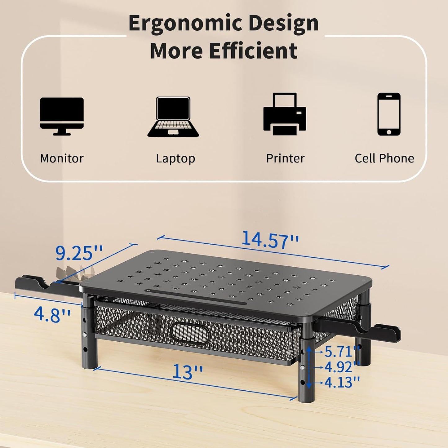 EconoMe Monitor Stand Riser with Metal Mesh Drawer, Height Adjustable with Phone Holder for Computer, Laptop, Printer, Notebook, Computer Monitor Stand with Storage