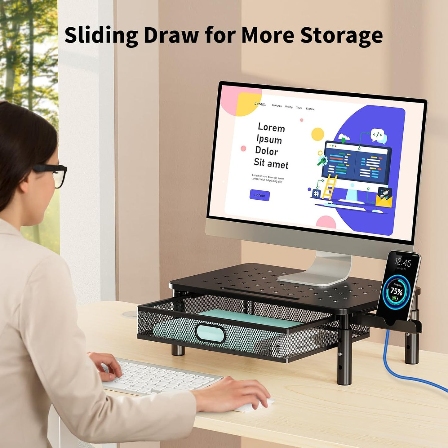 EconoMe Monitor Stand Riser with Metal Mesh Drawer, Height Adjustable with Phone Holder for Computer, Laptop, Printer, Notebook, Computer Monitor Stand with Storage