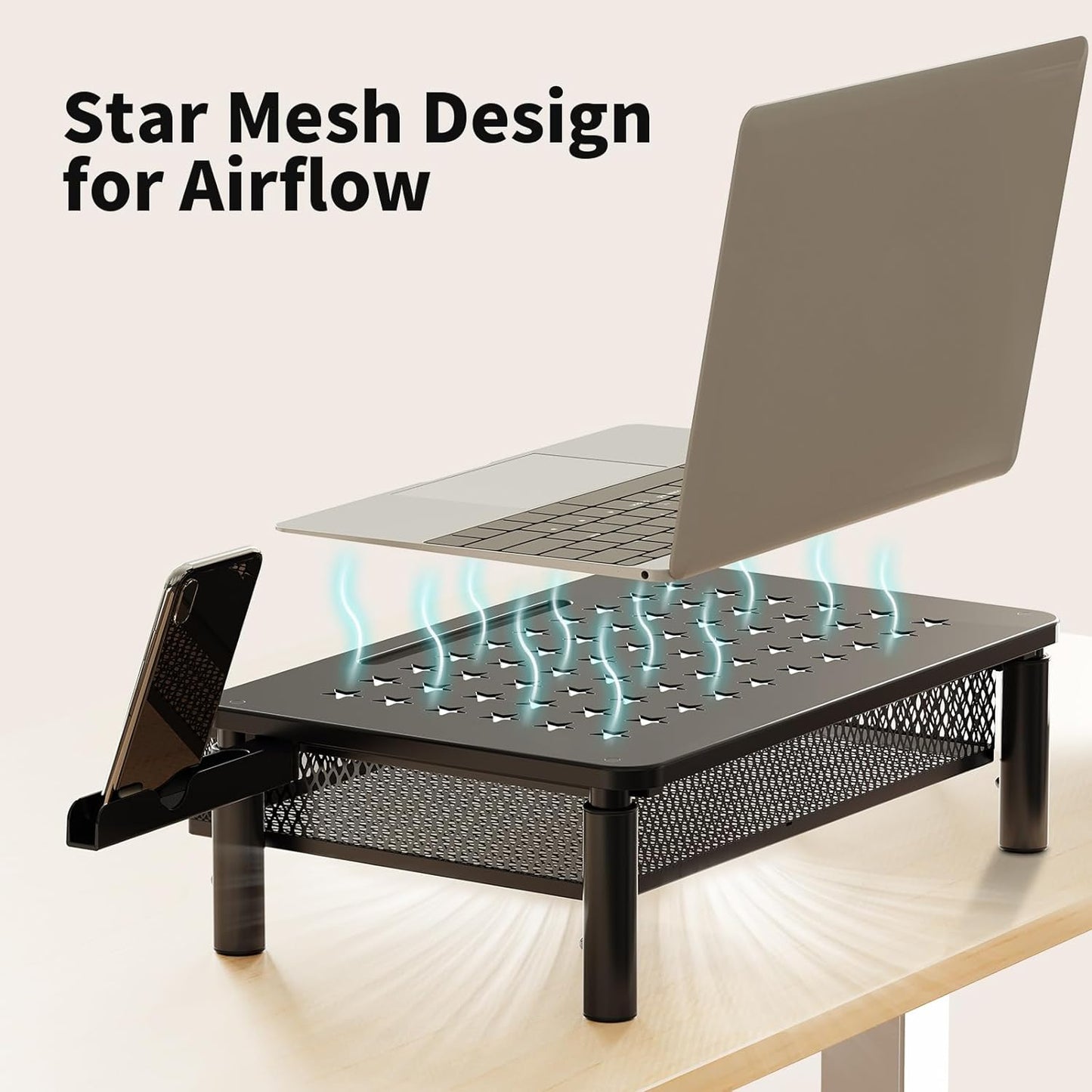 EconoMe Monitor Stand Riser with Metal Mesh Drawer, Height Adjustable with Phone Holder for Computer, Laptop, Printer, Notebook, Computer Monitor Stand with Storage