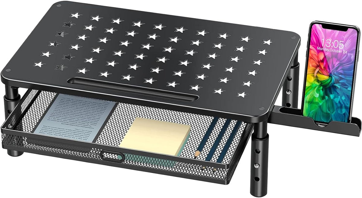 EconoMe Monitor Stand Riser with Metal Mesh Drawer, Height Adjustable with Phone Holder for Computer, Laptop, Printer, Notebook, Computer Monitor Stand with Storage
