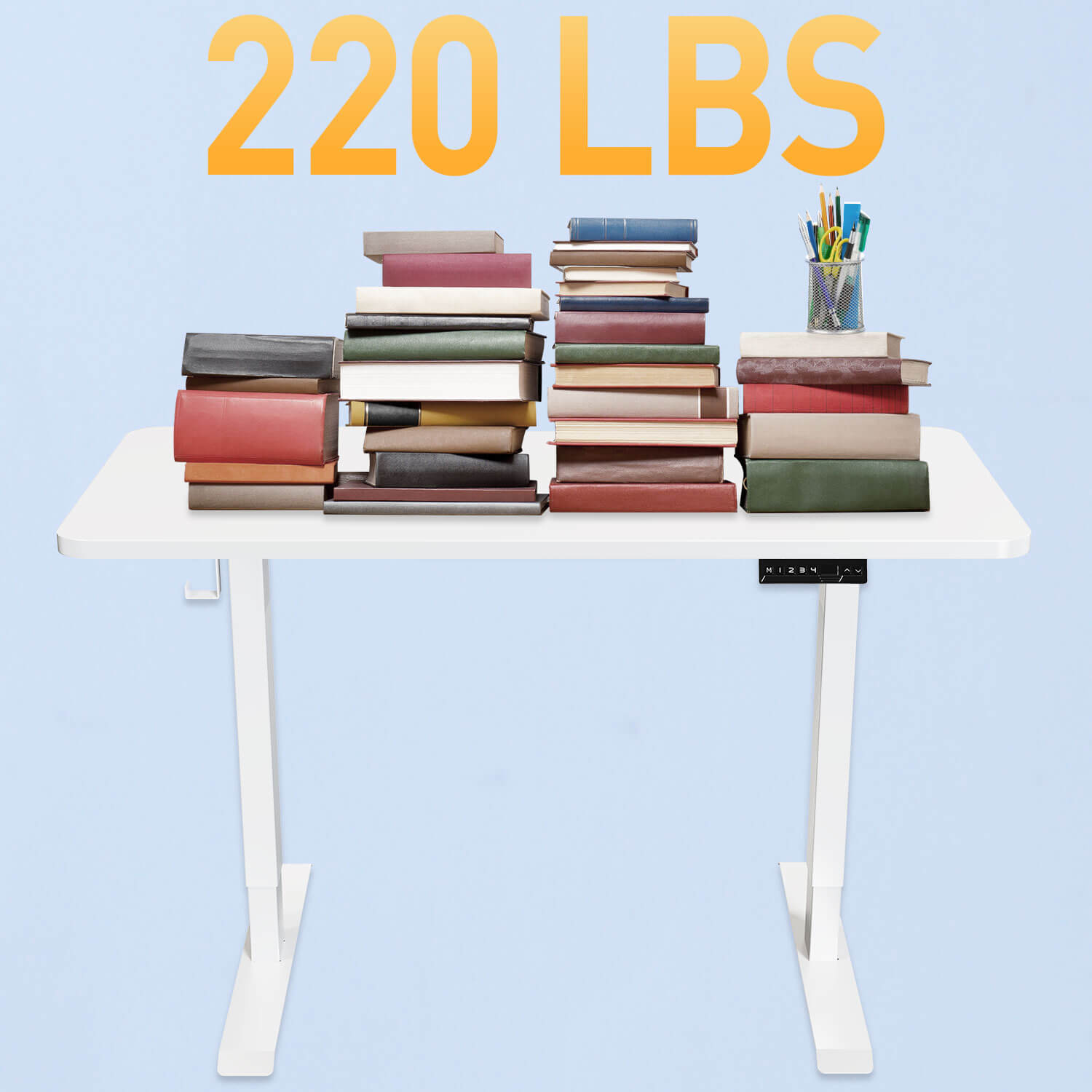 White dual motors standing desk supports up to 220 lbs.