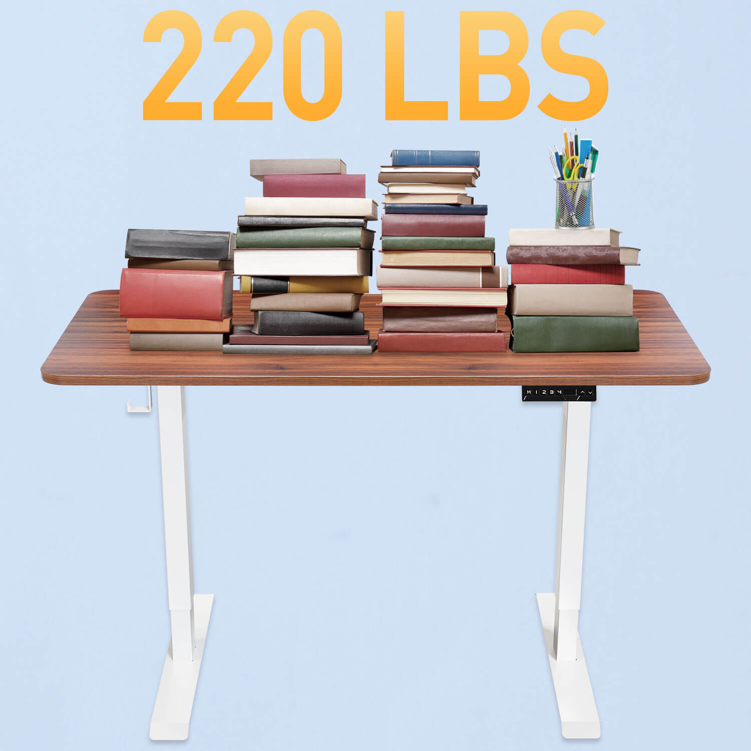 Walnut Top work from home standing desk supports up to 220 lbs.