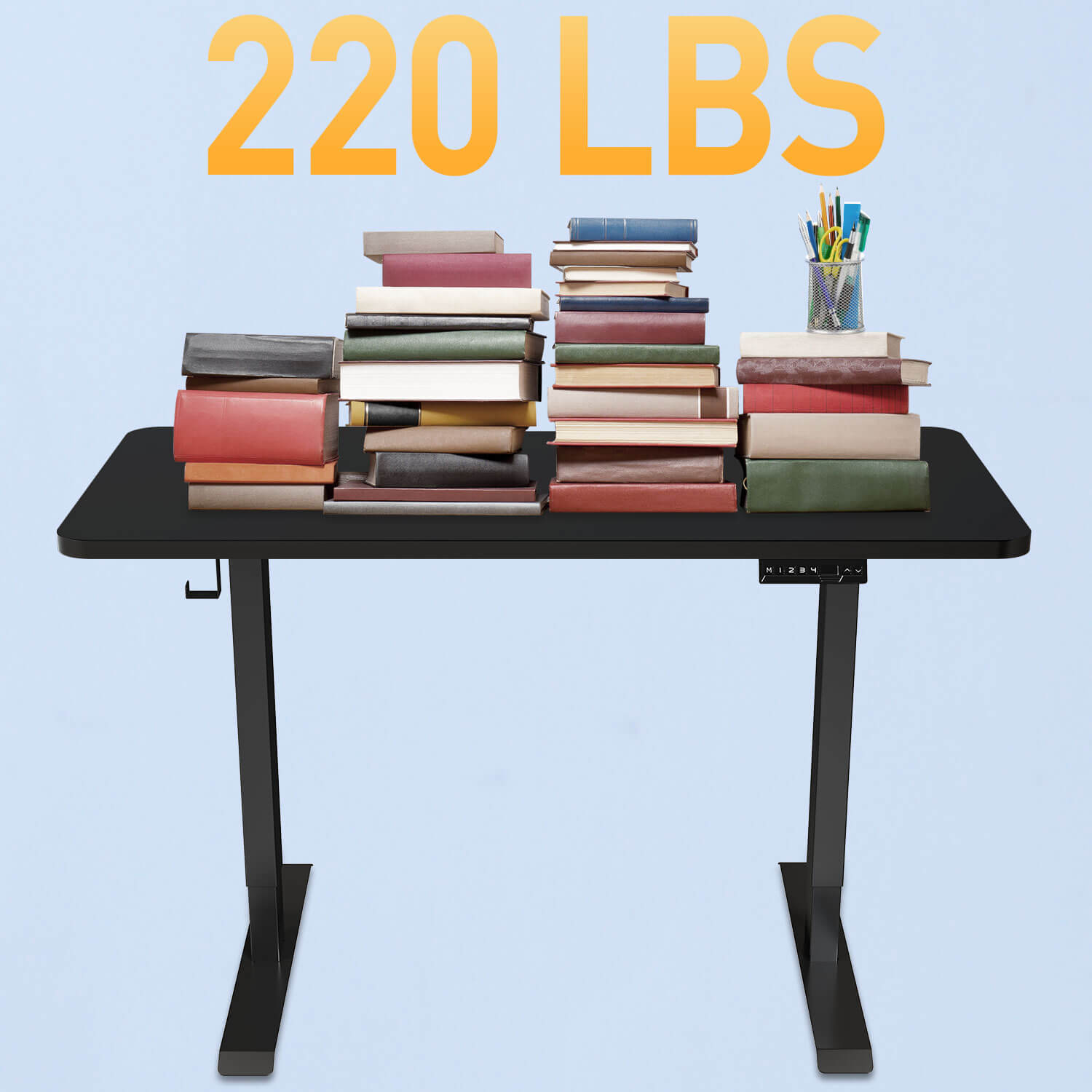 Black standing desk loading up to 220 lbs.