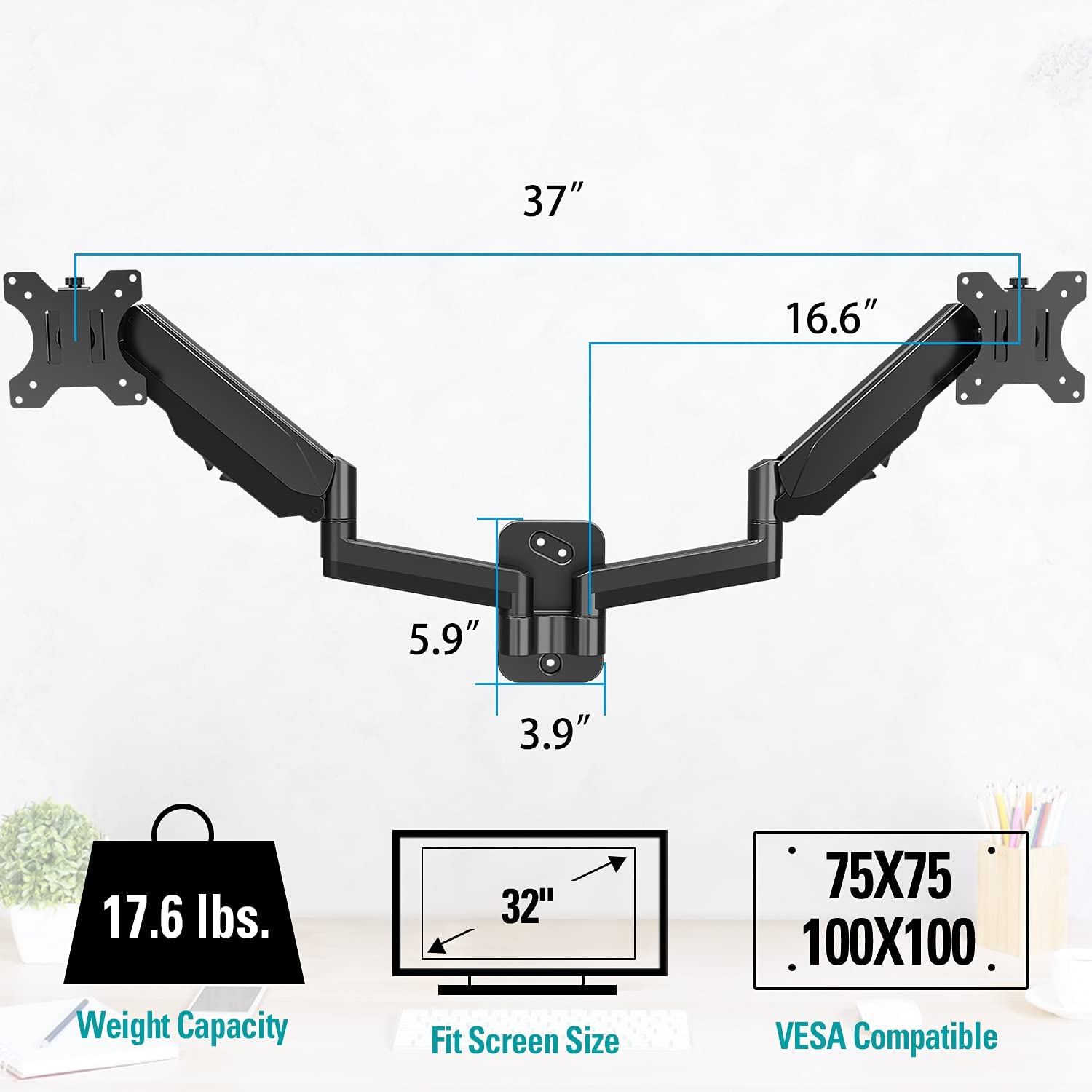 Dual Arms computer monitor wall mount for 75×75 and 100×100 vesa