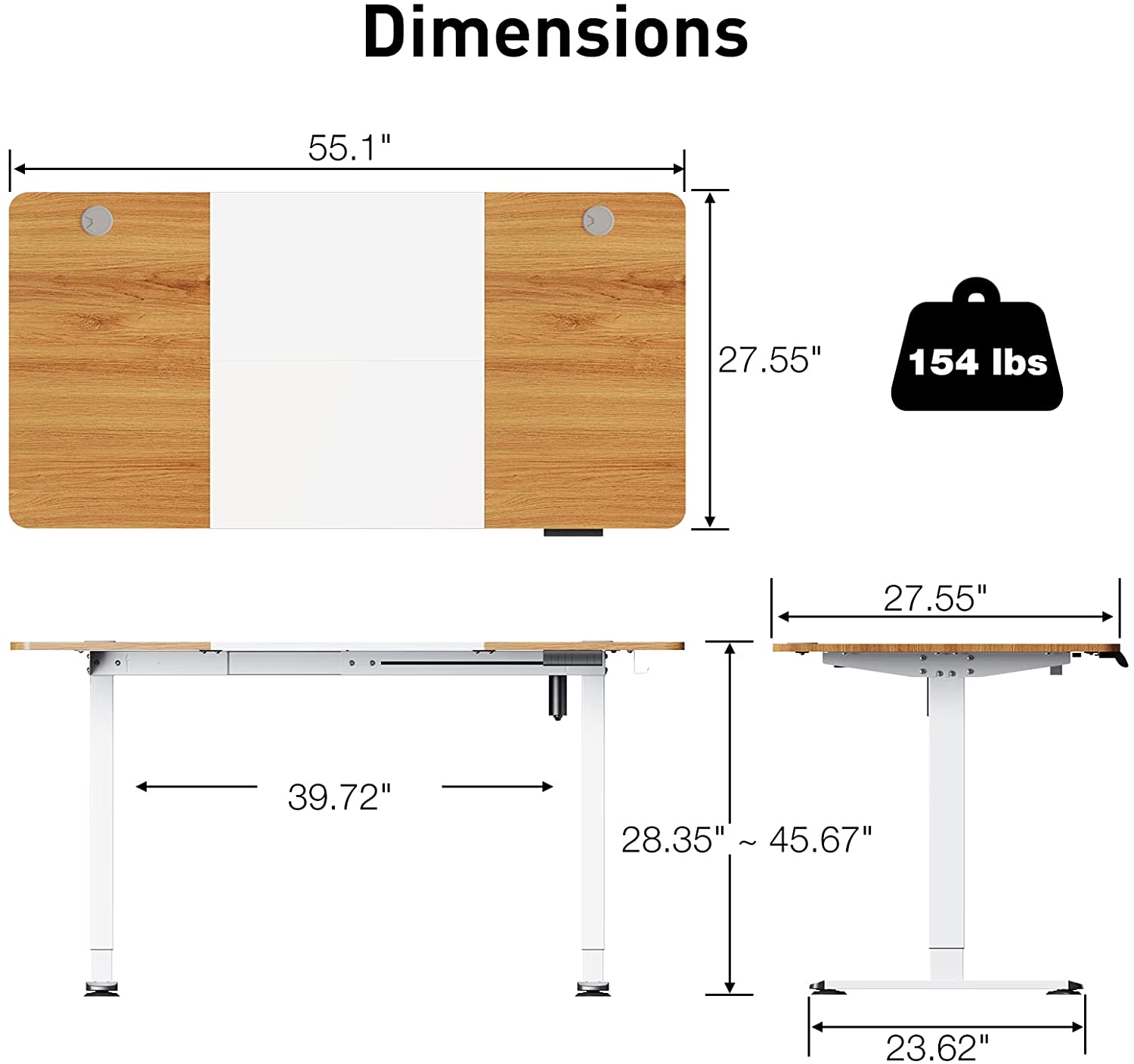 Deep Oak + White 55 inch sit to stand desk