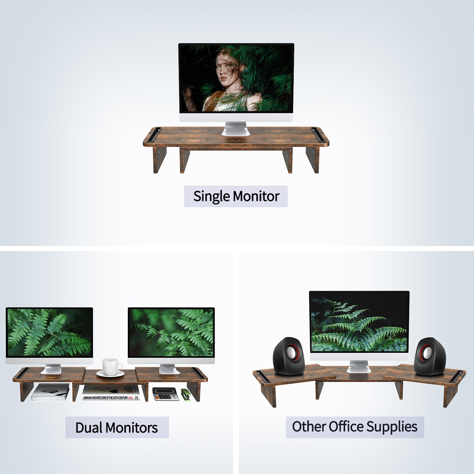 dual monitor stand loads more office supplies Rust Brown