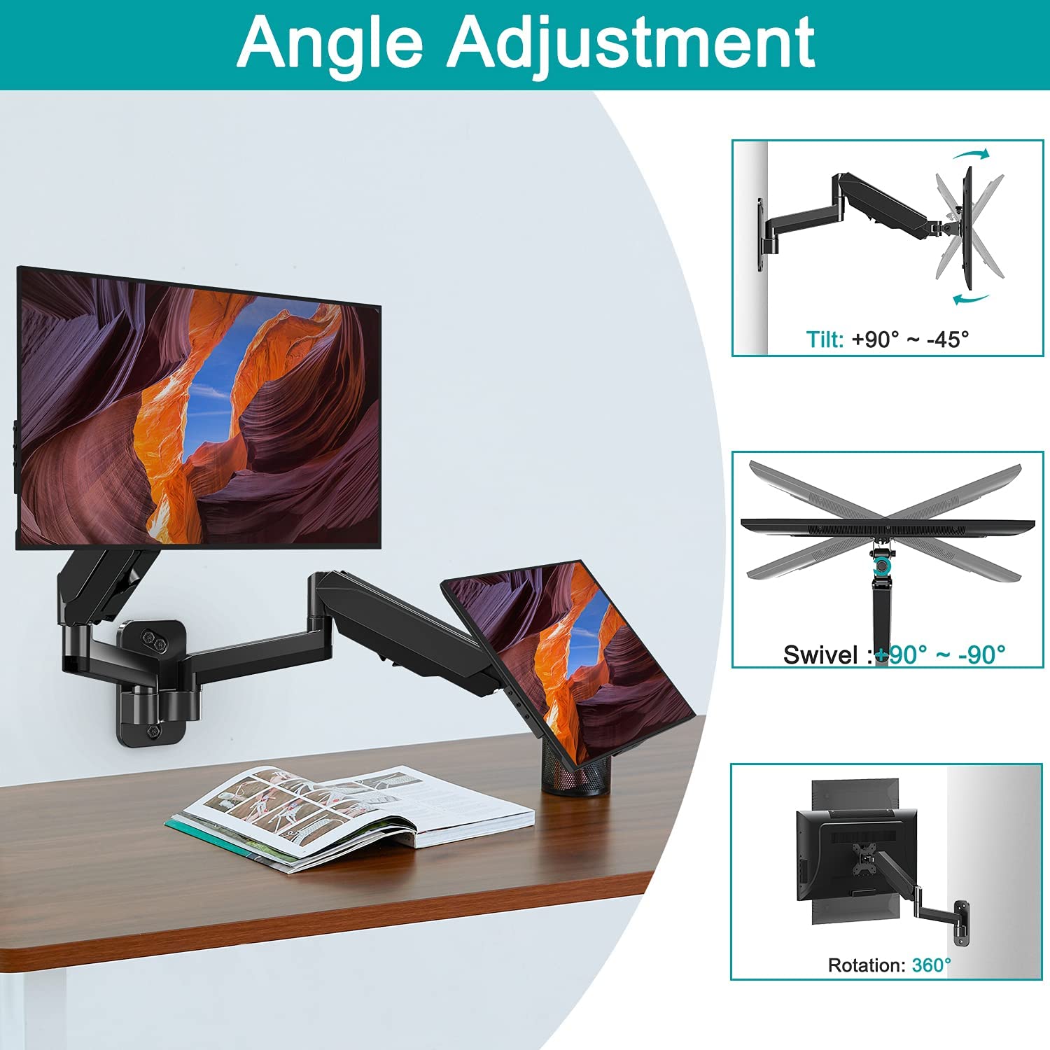 Dual Arms monitor wall mount with full range of motion