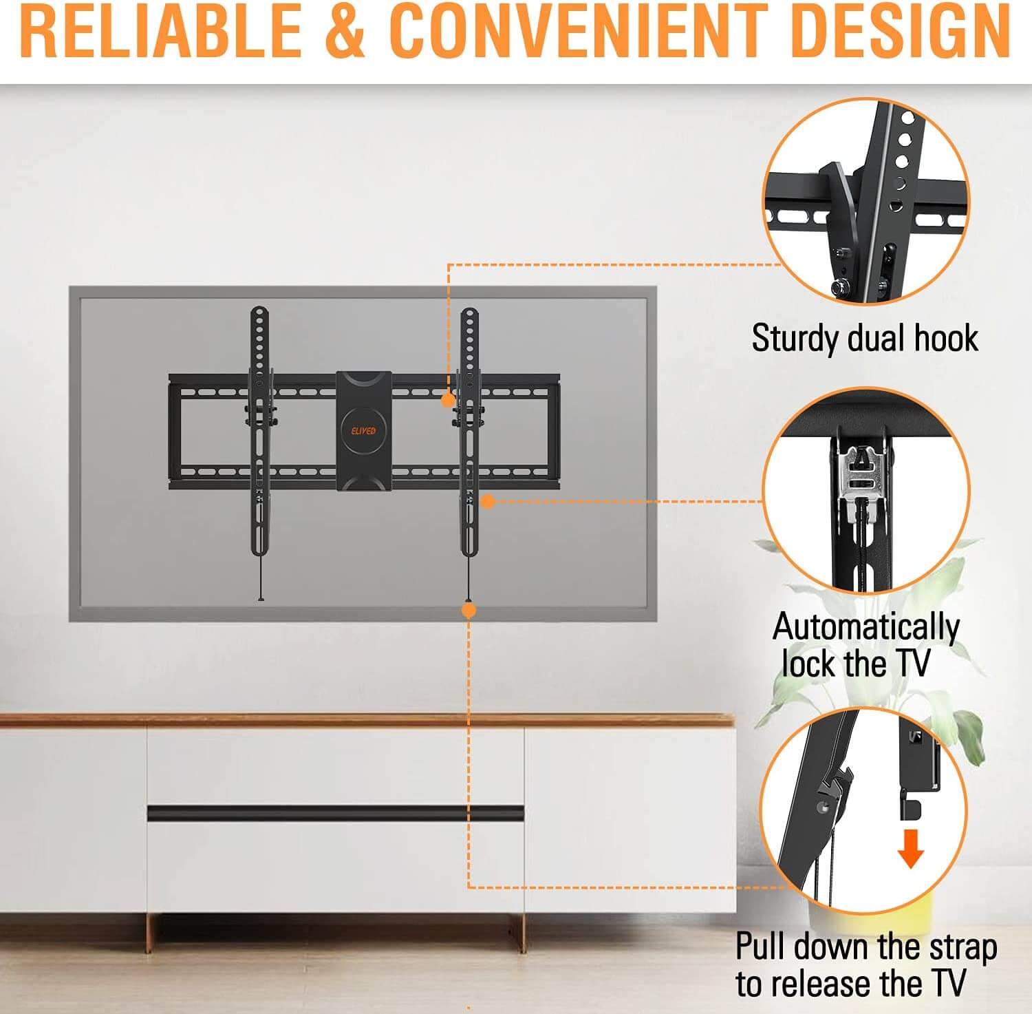 Tilting Wall Mount for Most 37-75 Inch Flat Screen Curved TVs, Universal Tilt TV Mount fits 16”, 18”, 24” Studs, Low Profile Bracket Max VESA 600x400mm