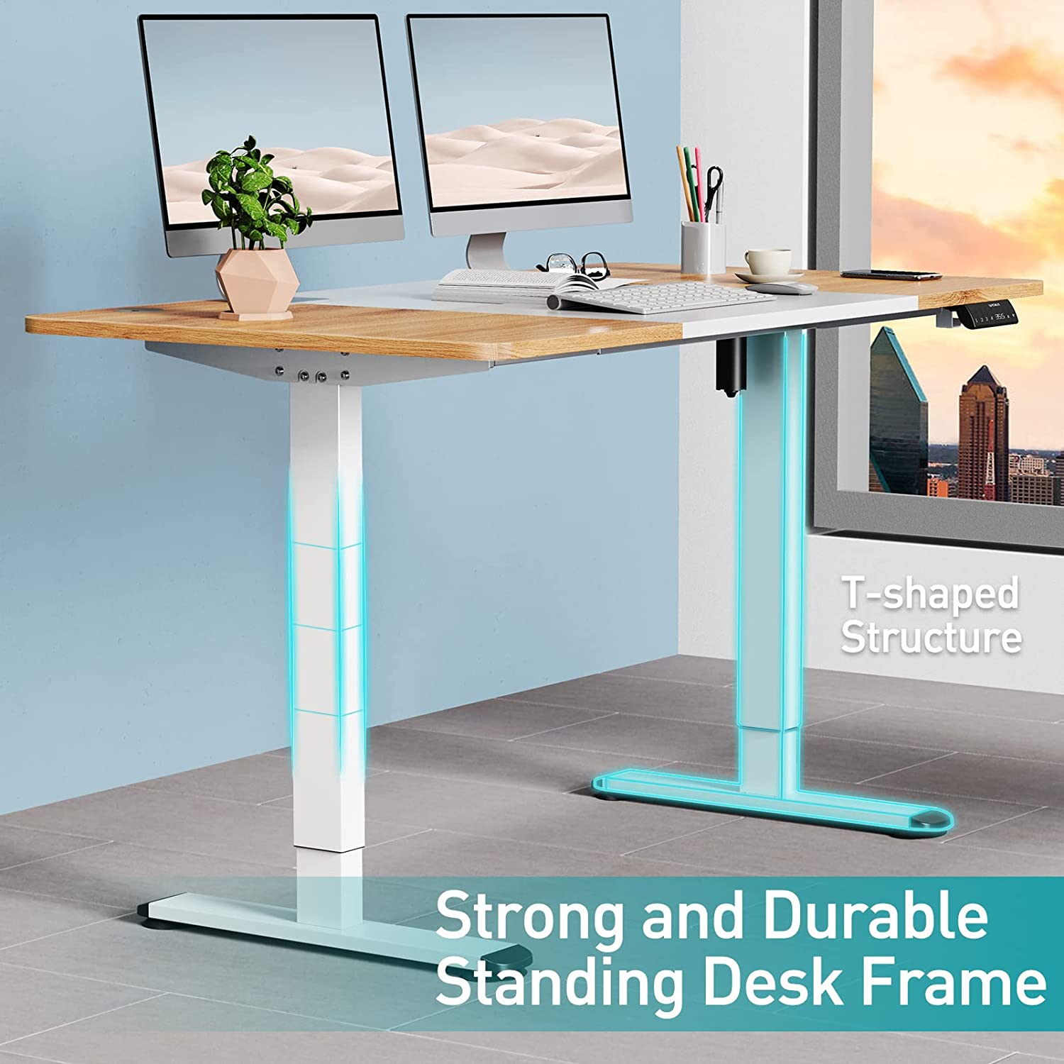 Deep Oak + White heavy duty stand up desk