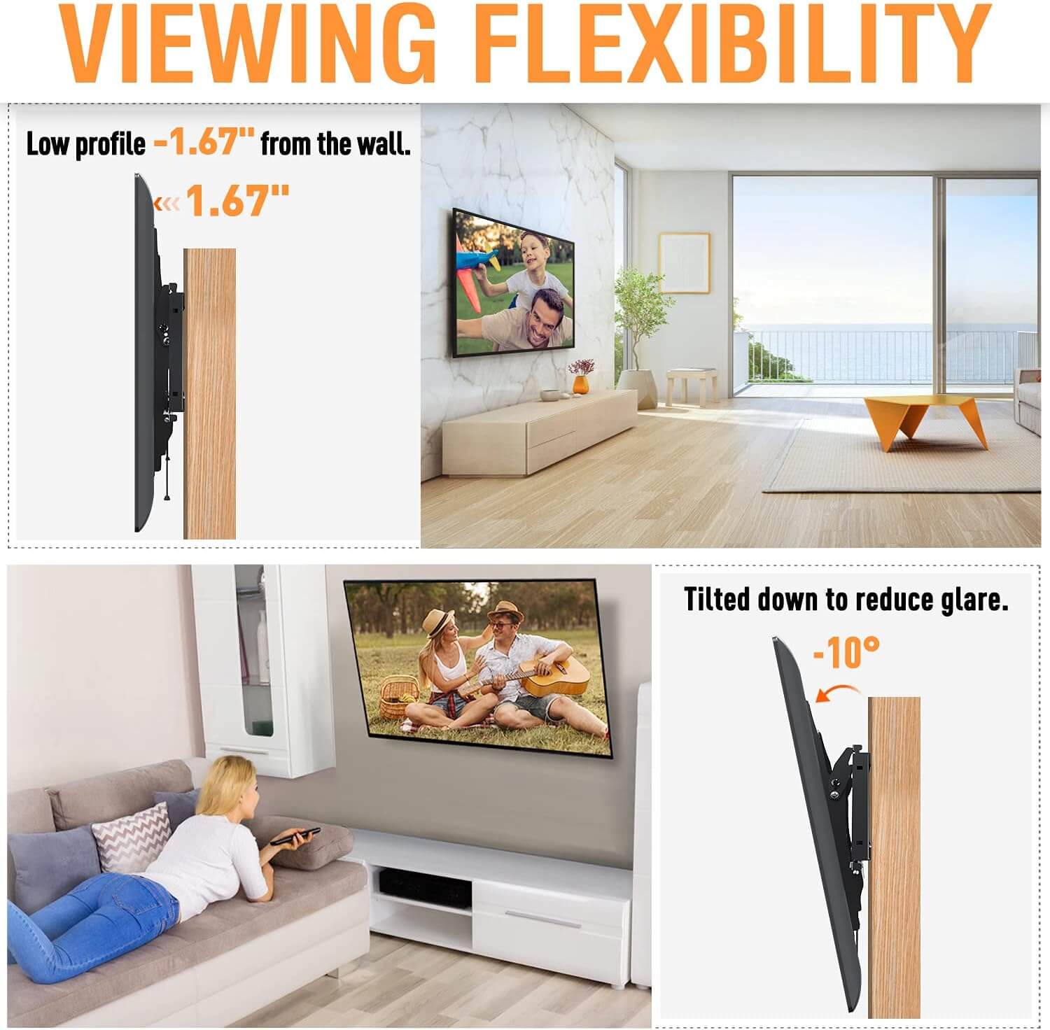 Tilting Wall Mount for Most 37-75 Inch Flat Screen Curved TVs, Universal Tilt TV Mount fits 16”, 18”, 24” Studs, Low Profile Bracket Max VESA 600x400mm