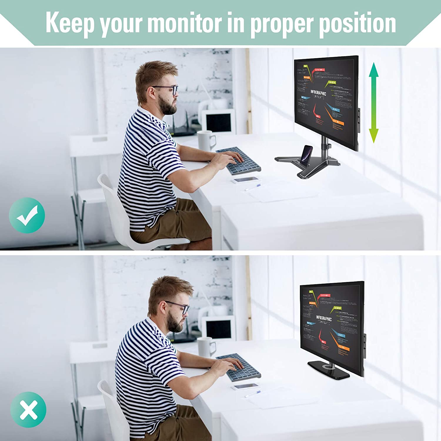 Single Arm adjustable monitor desk stand to raise or lower your monitor to a proper position
