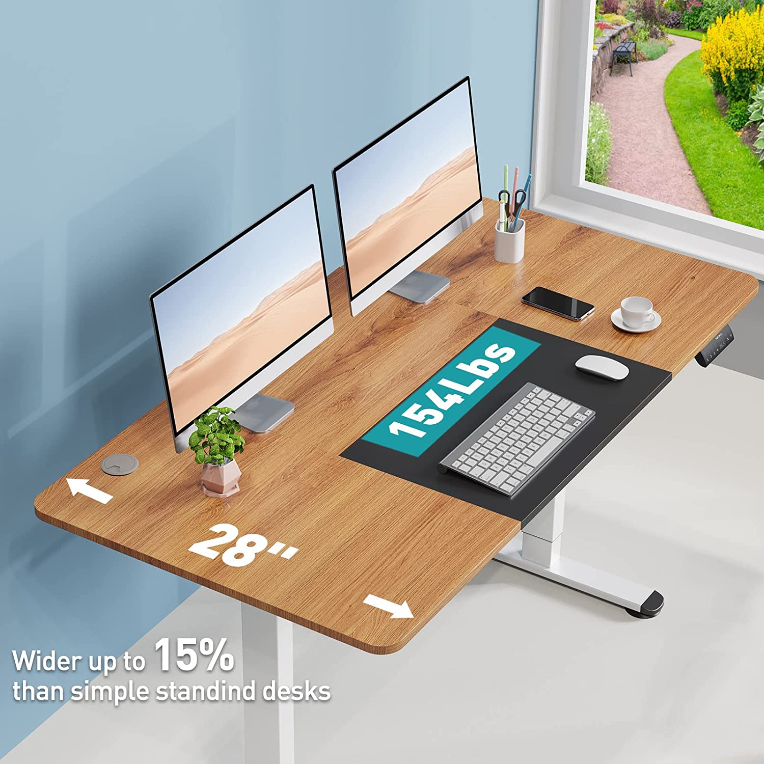 Deep Oak + Black sturdy sit to stand desk loads up to 154 lbs