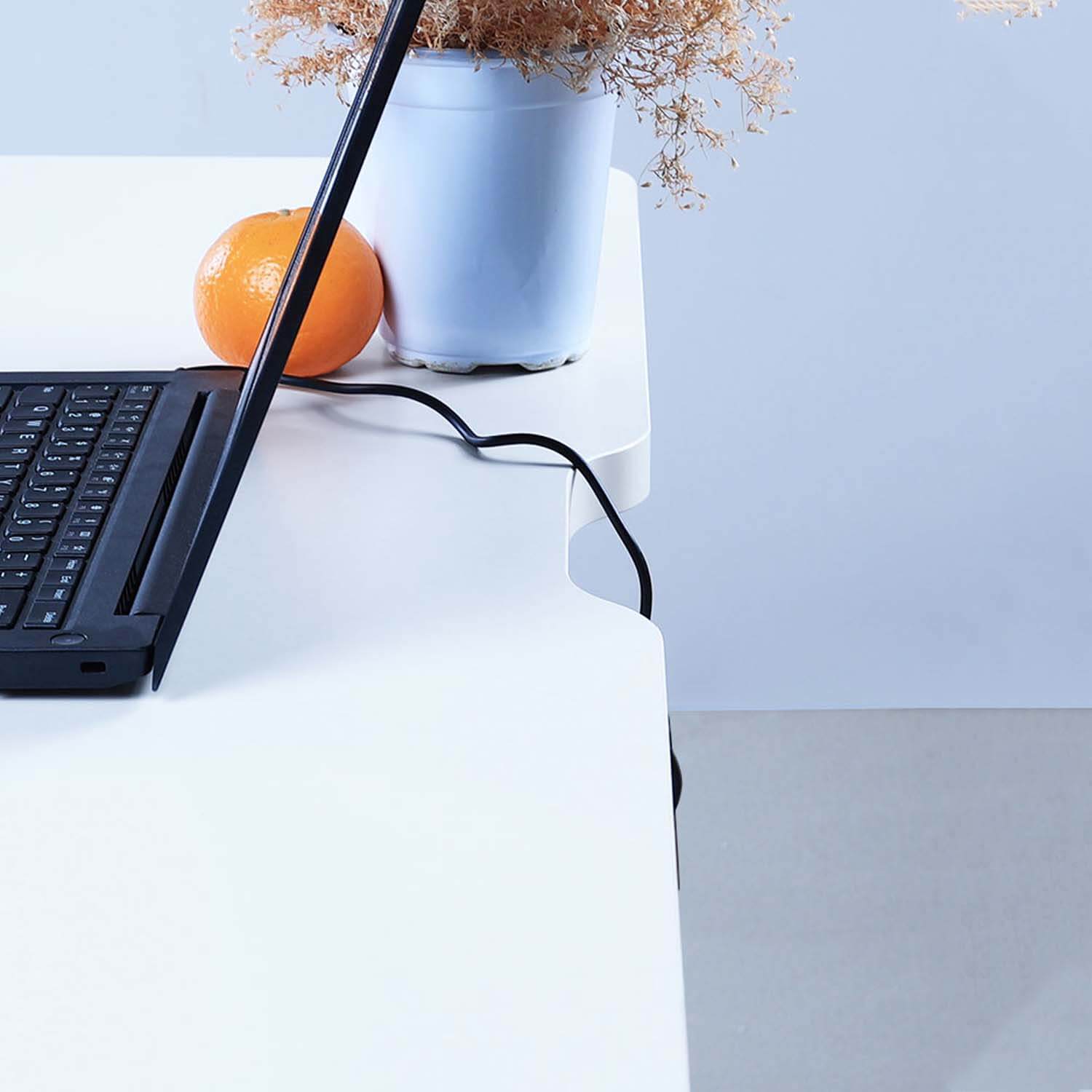 White electric adjustable standing desk with cable management