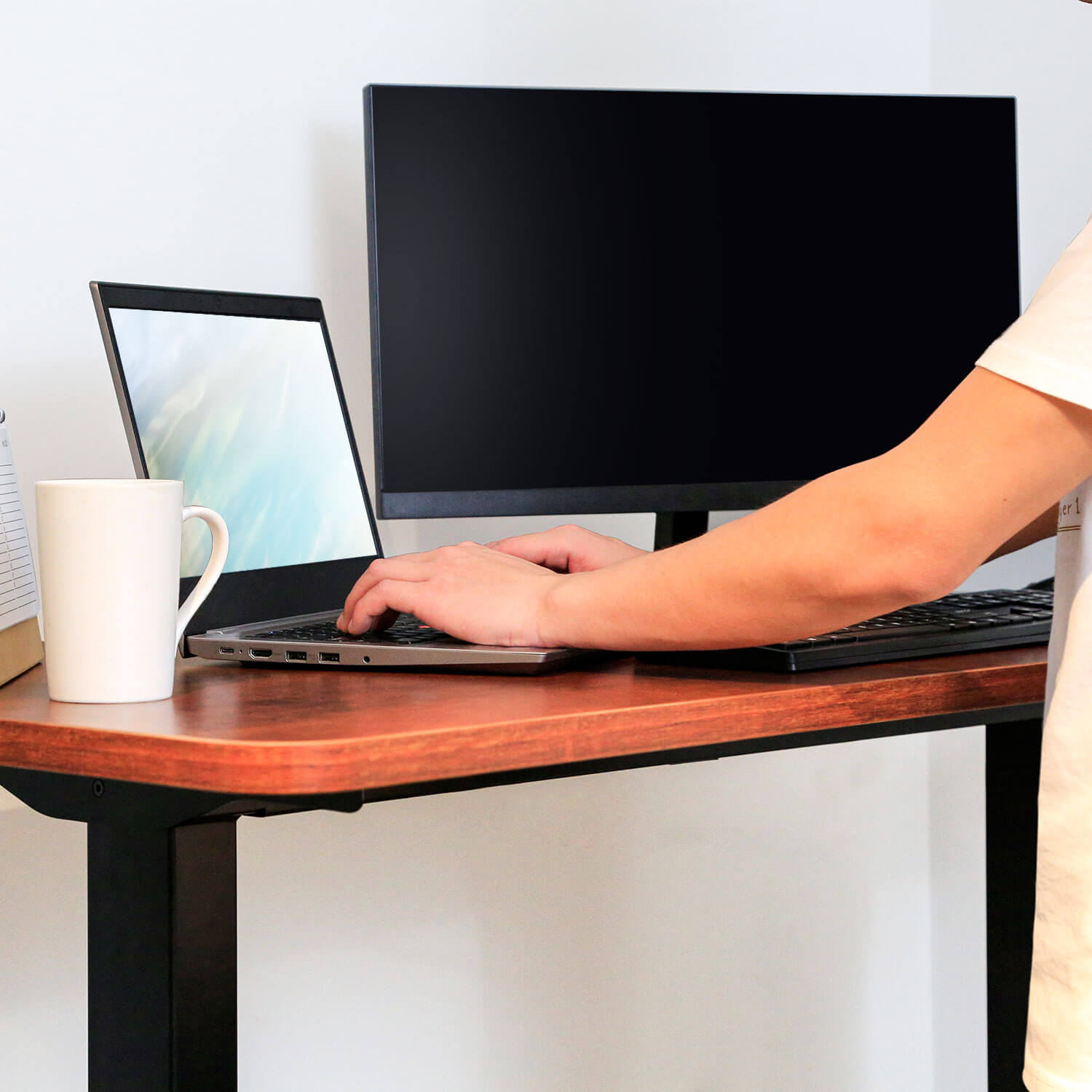 Mahogany dual motors standing desk to place 2 computer monitors