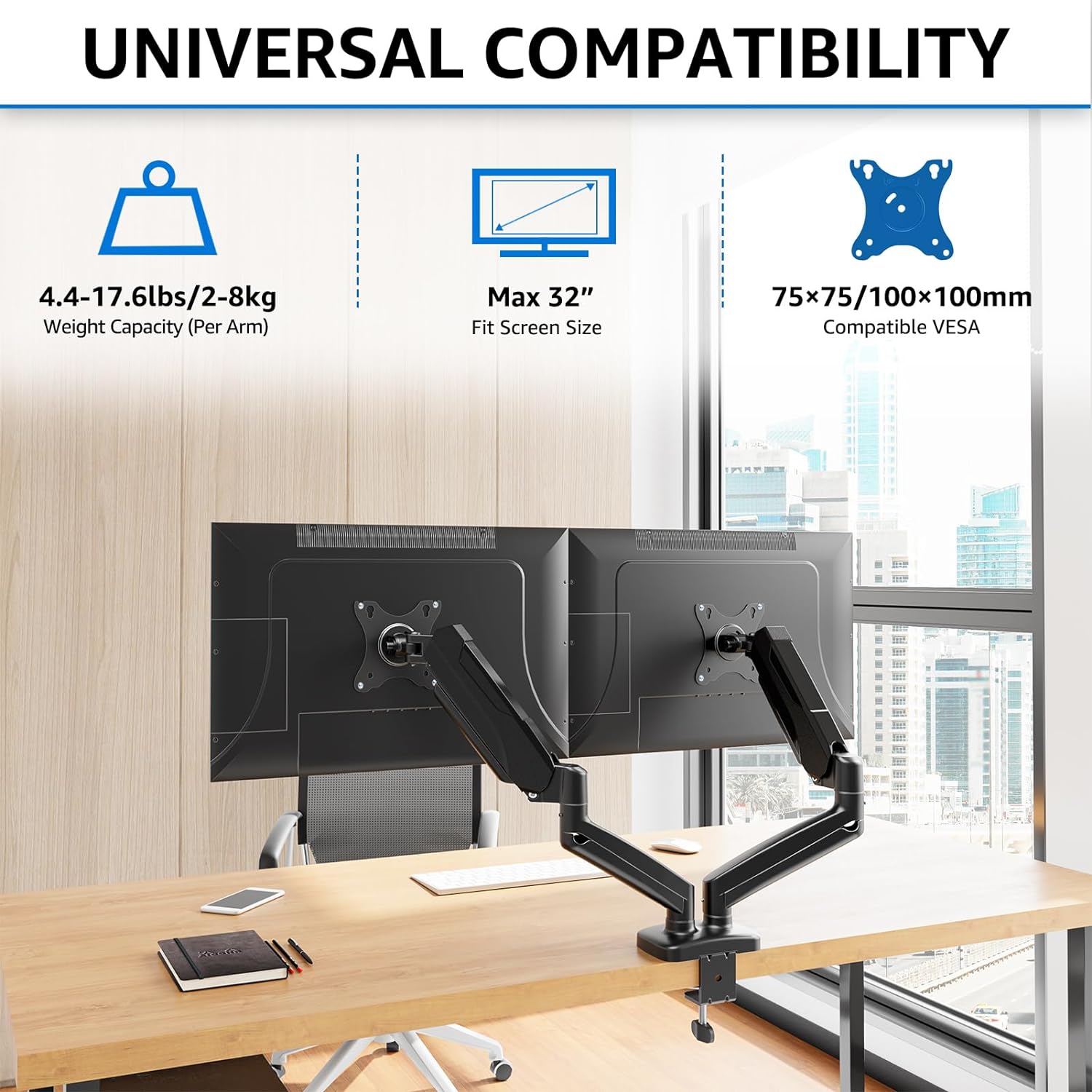 EconoMe Dual Monitor Stand for Desk, Adjustable Gas Spring Double Monitor Mount Holds 4.4-17.6 lbs and 13-32 Inch Screens, Monitor Arms for 2 Monitors, VESA 75x75 100x100 with C-clamp& Grommet, Black