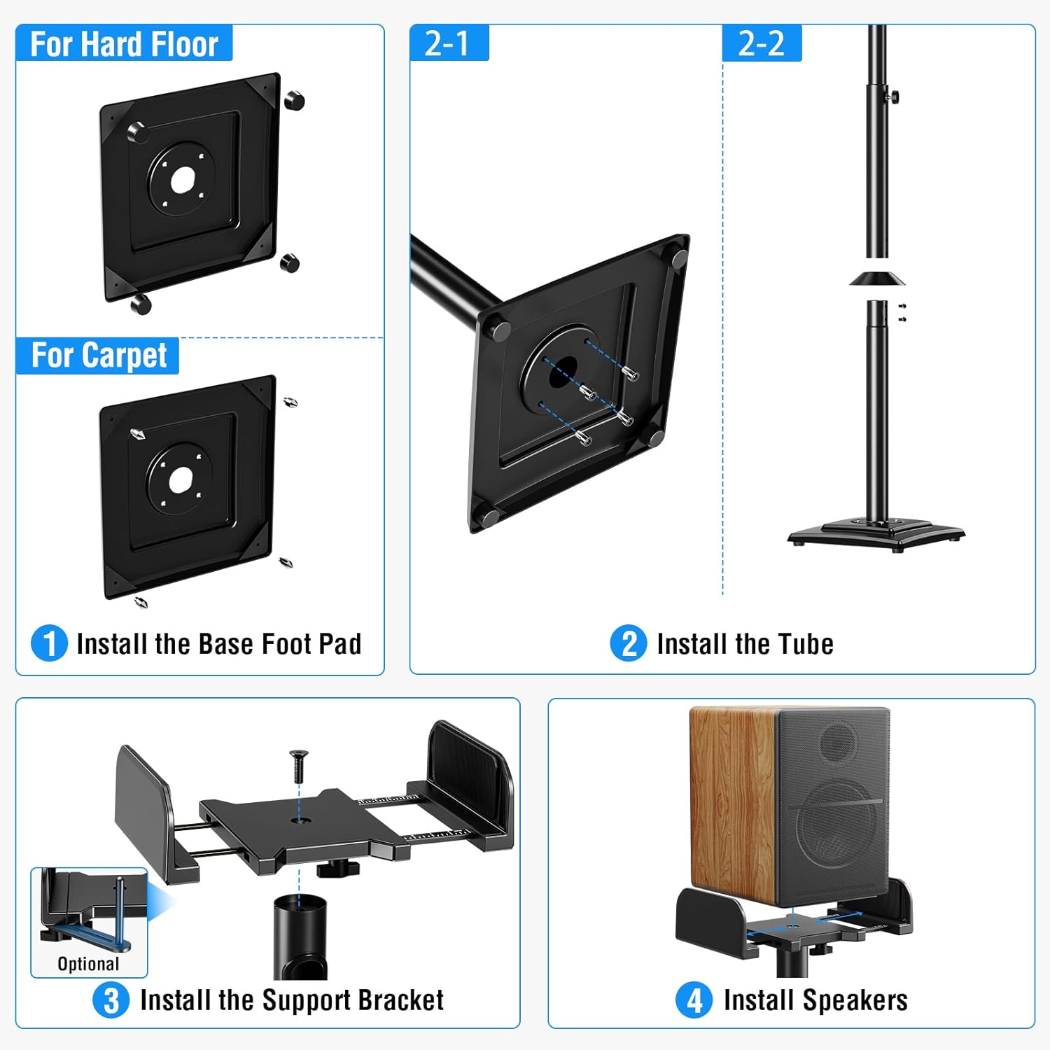 Freelift Universal Speakers Stands Pair 34" to 43.3" Height Adjustable Holds Bookshelf Speakers Satellite Speakers Up to 11LBS Cable Concealing 1 Pair Spring-Loaded Plate Extends to 10"