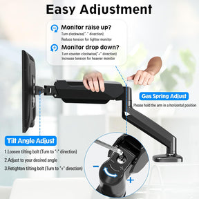 Freelift Single Monitor Desk Mount, Adjustable Gas Spring Monitor Arm Support Max 32 Inch, 4.4-17.6lbs Screen, Computer Monitor Stand Holder with Clamp/Grommet Mounting Base, VESA Mount Bracket, Black