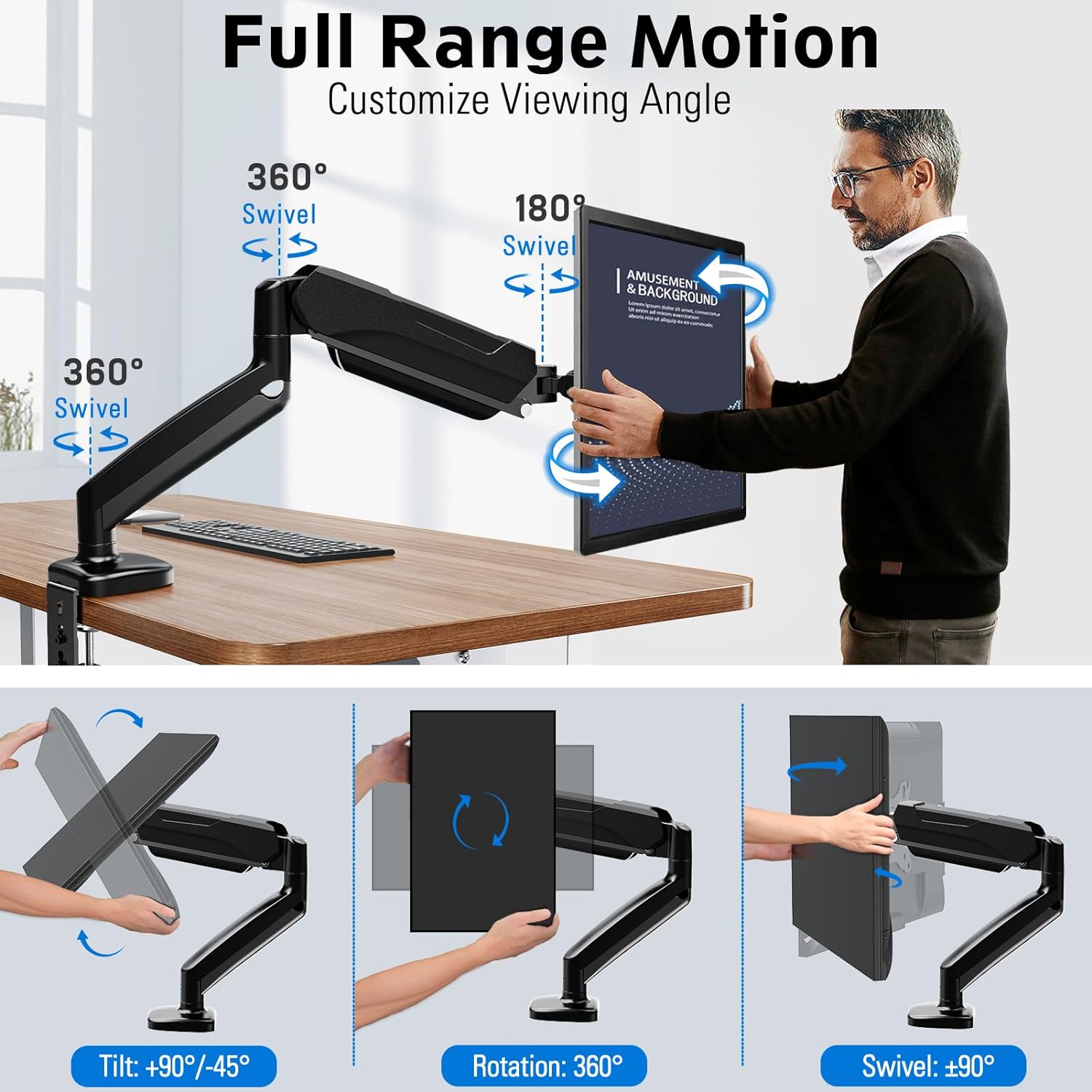 Freelift Single Monitor Desk Mount, Adjustable Gas Spring Monitor Arm Support Max 32 Inch, 4.4-17.6lbs Screen, Computer Monitor Stand Holder with Clamp/Grommet Mounting Base, VESA Mount Bracket, Black