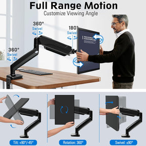 Freelift Single Monitor Desk Mount, Adjustable Gas Spring Monitor Arm Support Max 32 Inch, 4.4-17.6lbs Screen, Computer Monitor Stand Holder with Clamp/Grommet Mounting Base, VESA Mount Bracket, Black