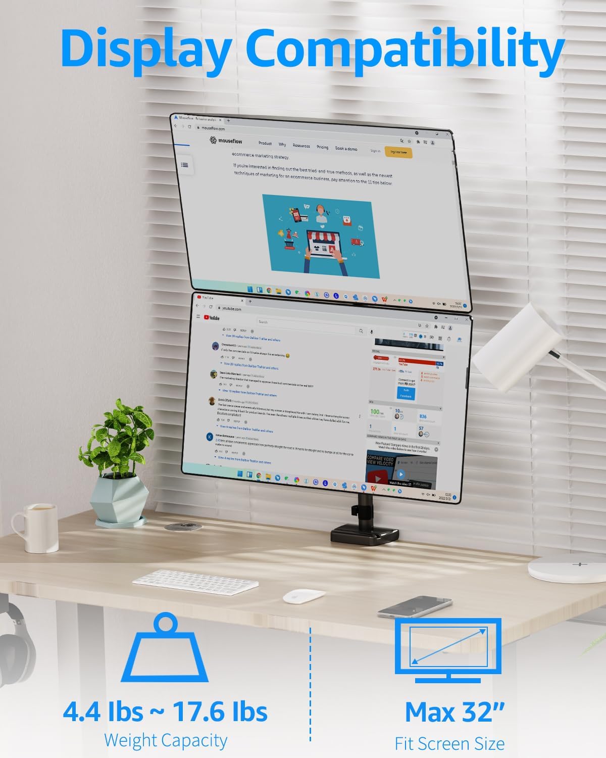Full Motion Dual Monitor Desk Mount for Max 32'' Monitors MUA6012