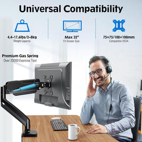 Freelift Single Monitor Desk Mount, Adjustable Gas Spring Monitor Arm Support Max 32 Inch, 4.4-17.6lbs Screen, Computer Monitor Stand Holder with Clamp/Grommet Mounting Base, VESA Mount Bracket, Black