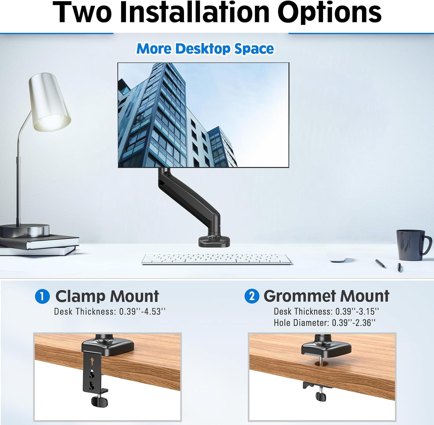 Freelift Single Monitor Desk Mount, Adjustable Gas Spring Monitor Arm Support Max 32 Inch, 4.4-17.6lbs Screen, Computer Monitor Stand Holder with Clamp/Grommet Mounting Base, VESA Mount Bracket, Black