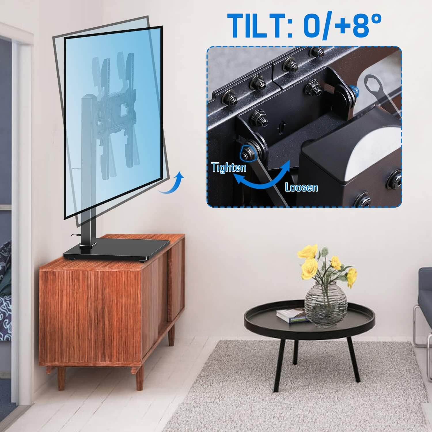 EconoMe Universal TV Stand, Table Top TV Stands for 37 to 65, 70, 75 Inch Flat Screen TVs, Height Adjustable, Tilt, Swivel TV Mount with Tempered Glass Base Hold up to 88lbs, Max VESA 600x400mm