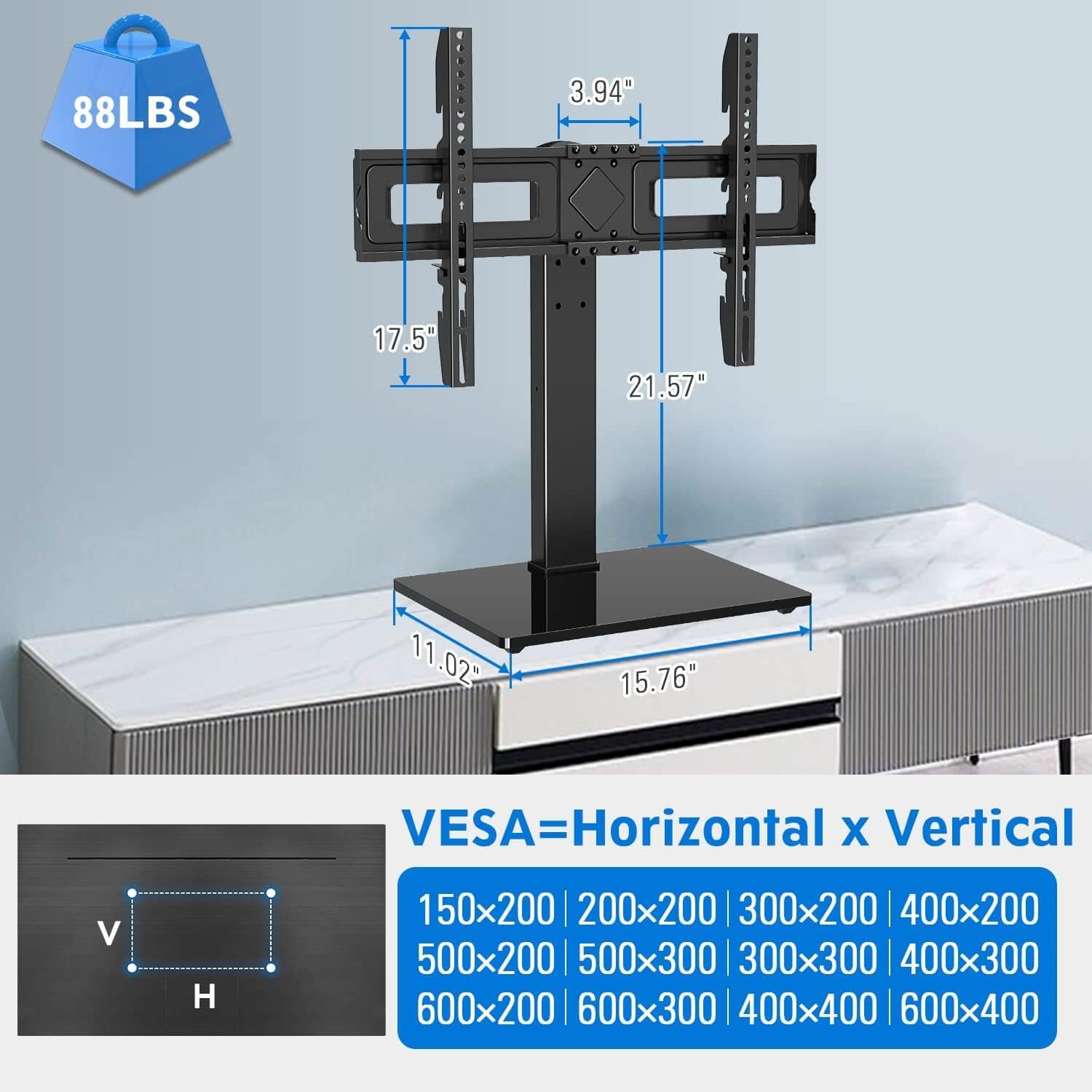 EconoMe Universal TV Stand, Table Top TV Stands for 37 to 65, 70, 75 Inch Flat Screen TVs, Height Adjustable, Tilt, Swivel TV Mount with Tempered Glass Base Hold up to 88lbs, Max VESA 600x400mm