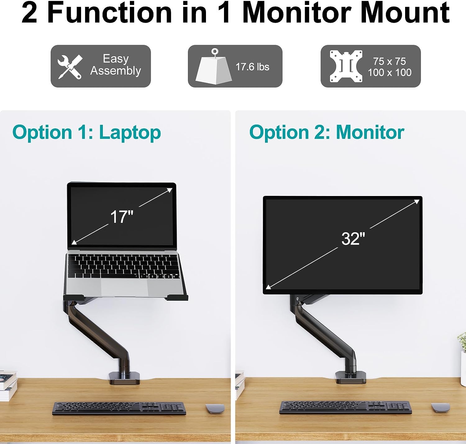 Freelift Laptop Stand Desk Mount, 2 in 1 Function Monitor Laptop Mount, Aluminum Laptop Arm Fits Max 17" Notebook and 32" Computer Screen, Single Monitor Mount with Laptop Tray, Holds up to 17.6lbs