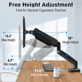 Freelift Single Monitor Desk Mount, Adjustable Gas Spring Monitor Arm Support Max 32 Inch, 4.4-17.6lbs Screen, Computer Monitor Stand Holder with Clamp/Grommet Mounting Base, VESA Mount Bracket, Black