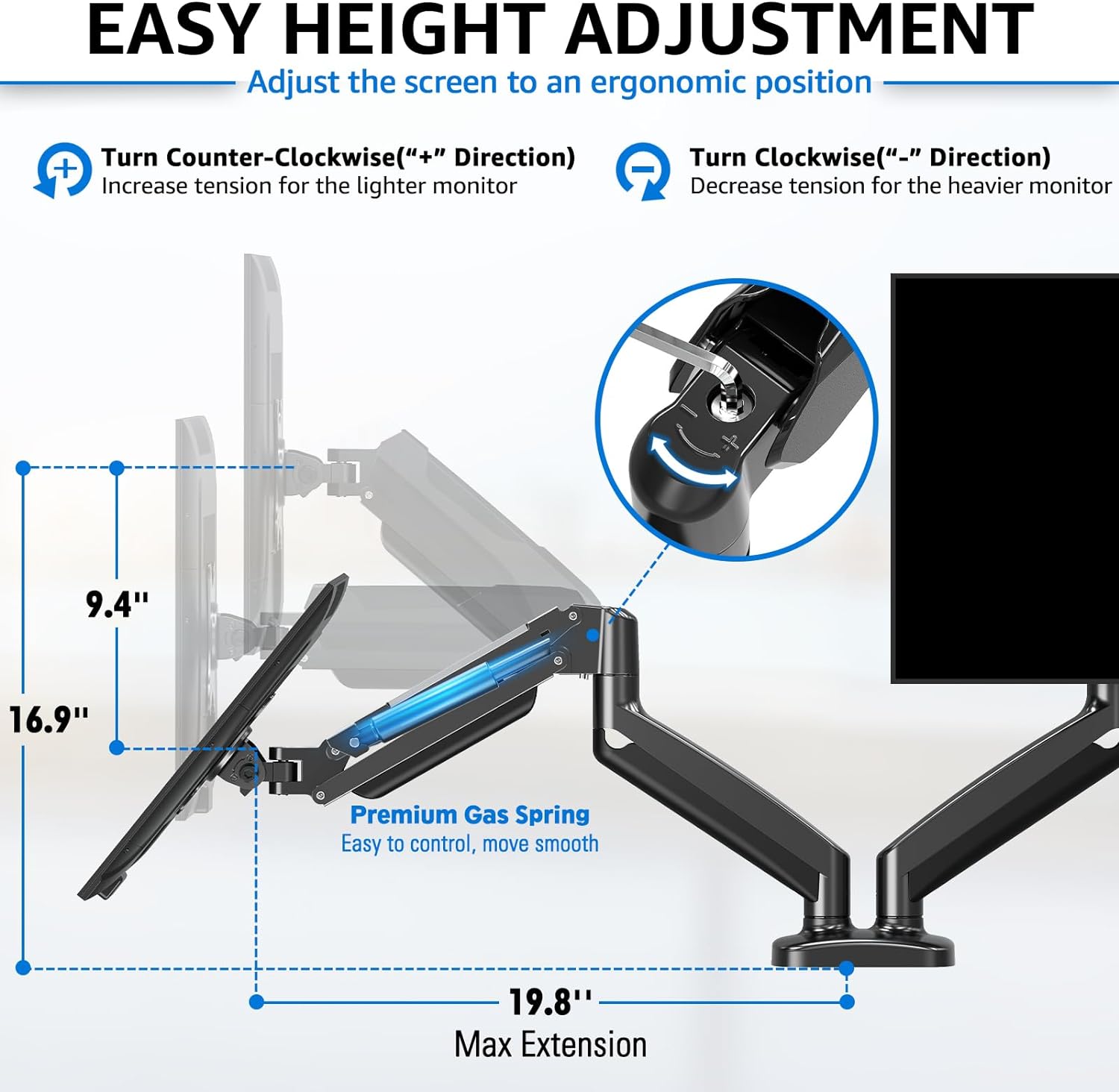 EconoMe Dual Monitor Stand for Desk, Adjustable Gas Spring Double Monitor Mount Holds 4.4-17.6 lbs and 13-32 Inch Screens, Monitor Arms for 2 Monitors, VESA 75x75 100x100 with C-clamp& Grommet, Black