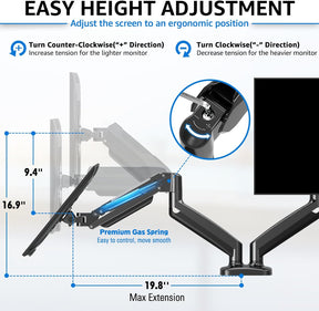 EconoMe Dual Monitor Stand for Desk, Adjustable Gas Spring Double Monitor Mount Holds 4.4-17.6 lbs and 13-32 Inch Screens, Monitor Arms for 2 Monitors, VESA 75x75 100x100 with C-clamp& Grommet, Black