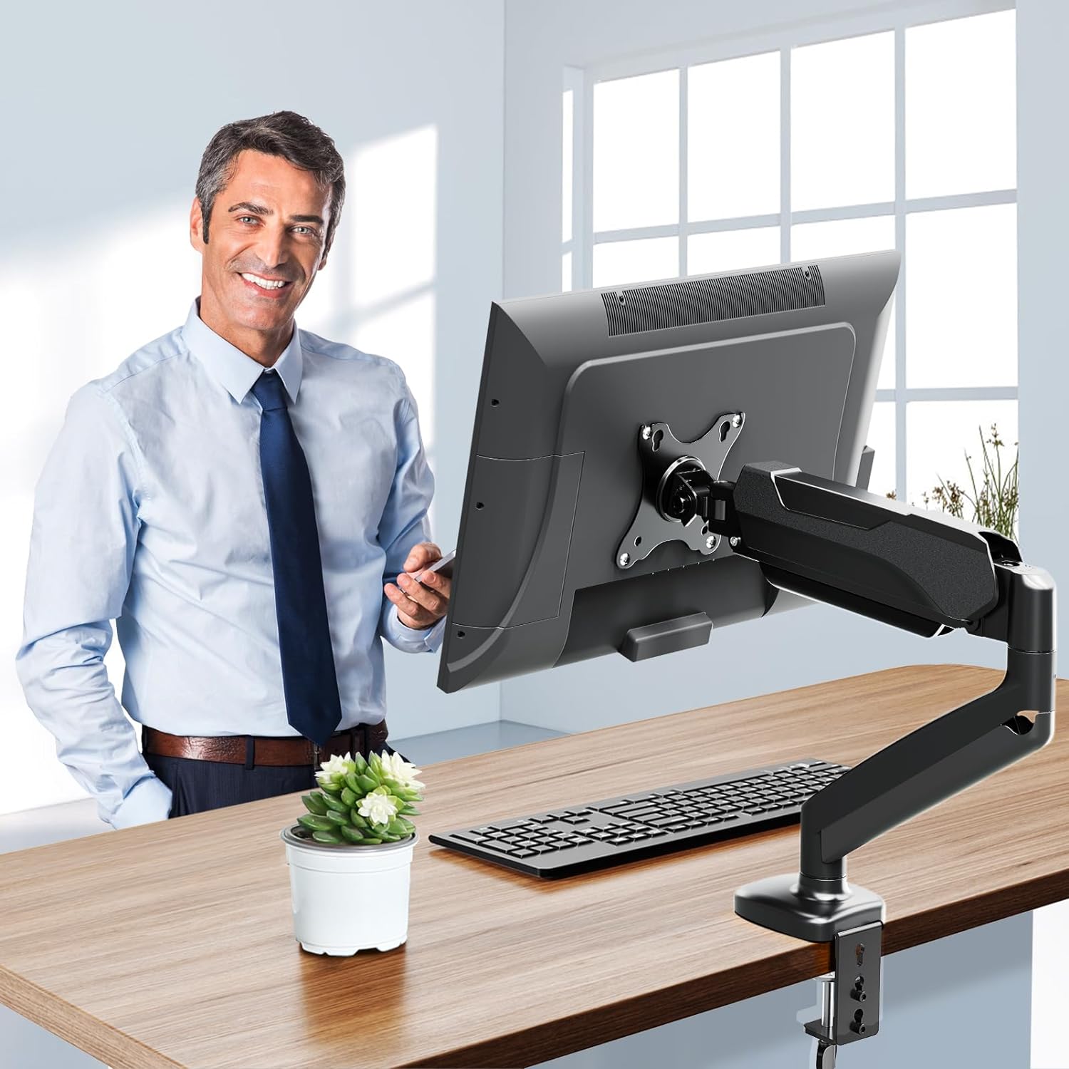 Freelift Single Monitor Desk Mount, Adjustable Gas Spring Monitor Arm Support Max 32 Inch, 4.4-17.6lbs Screen, Computer Monitor Stand Holder with Clamp/Grommet Mounting Base, VESA Mount Bracket, Black
