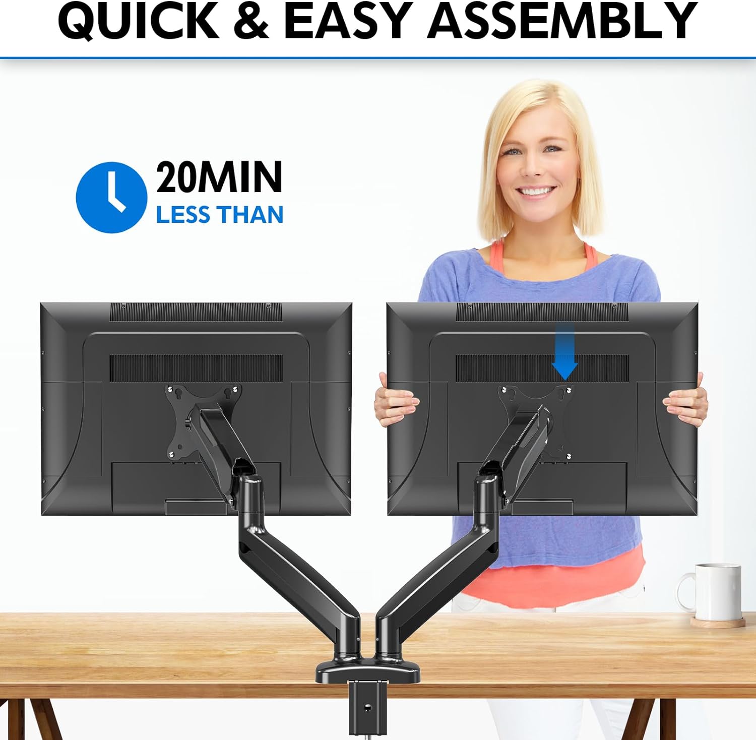 EconoMe Dual Monitor Stand for Desk, Adjustable Gas Spring Double Monitor Mount Holds 4.4-17.6 lbs and 13-32 Inch Screens, Monitor Arms for 2 Monitors, VESA 75x75 100x100 with C-clamp& Grommet, Black