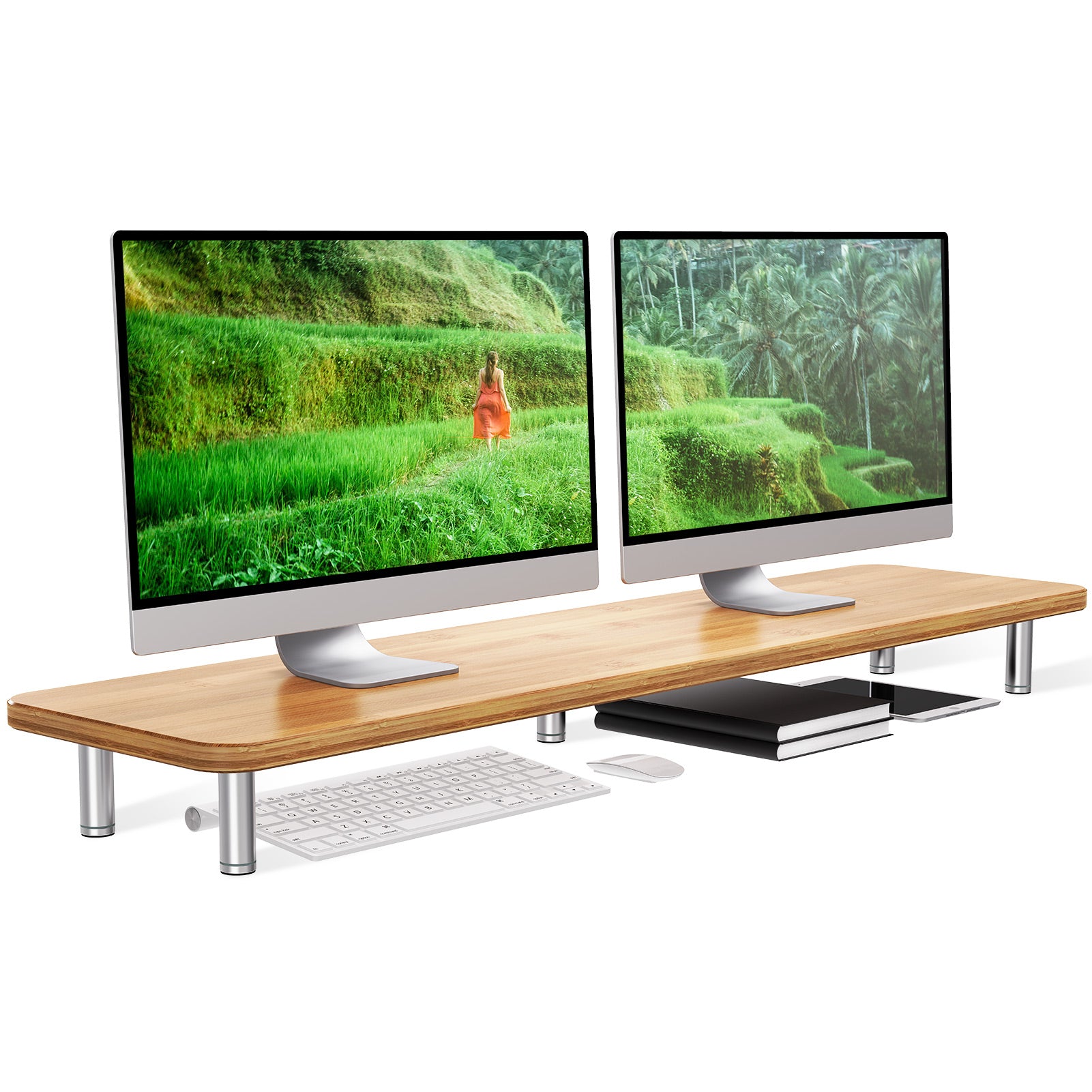 Dual Monitor Bamboo Monitor Riser Bamboo Monitor Riser Ergonomic Laptop Stand for Home and Office ...
