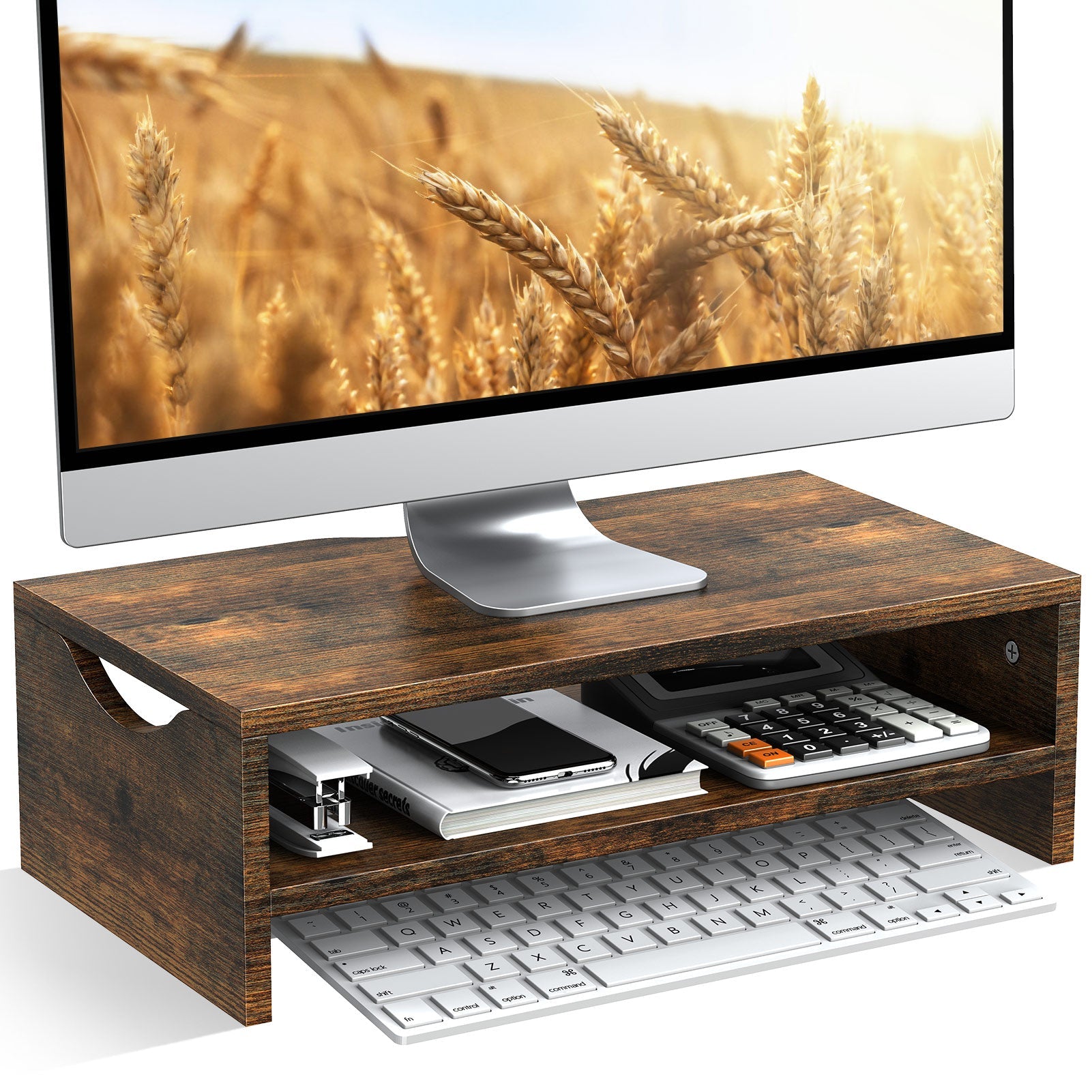 2 Tier Wooden Monitor Riser with Storage for Home Office Desk ...