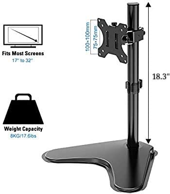 single computer monitor desk stand for 75×75 and 100×100 vesa hole pattern loading up to 17.6 lbs.