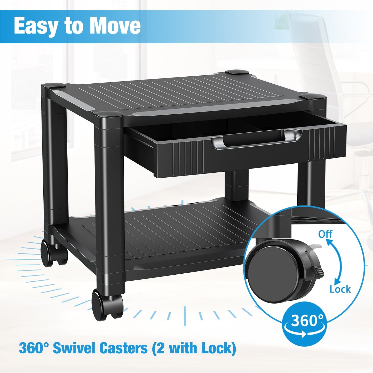 2-Tier Mobile Printer Stand with Drawer