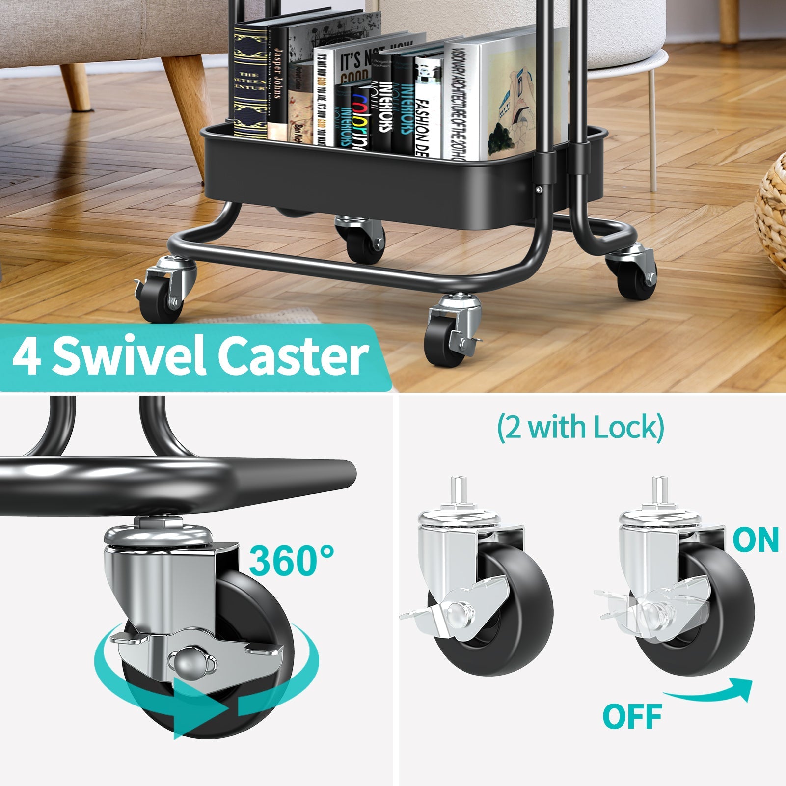 4 swivel casters enable flexible movement