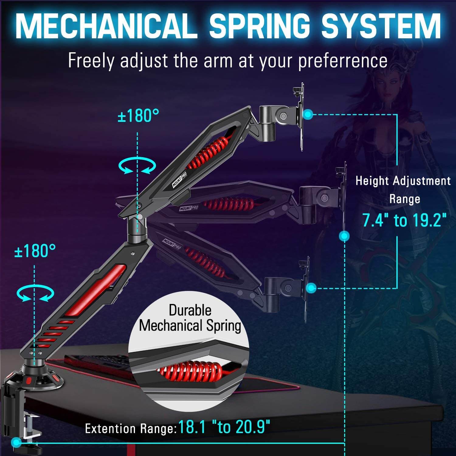 gaming monitor arm desk mount powered by durable mechanical spring system for easy adjustment