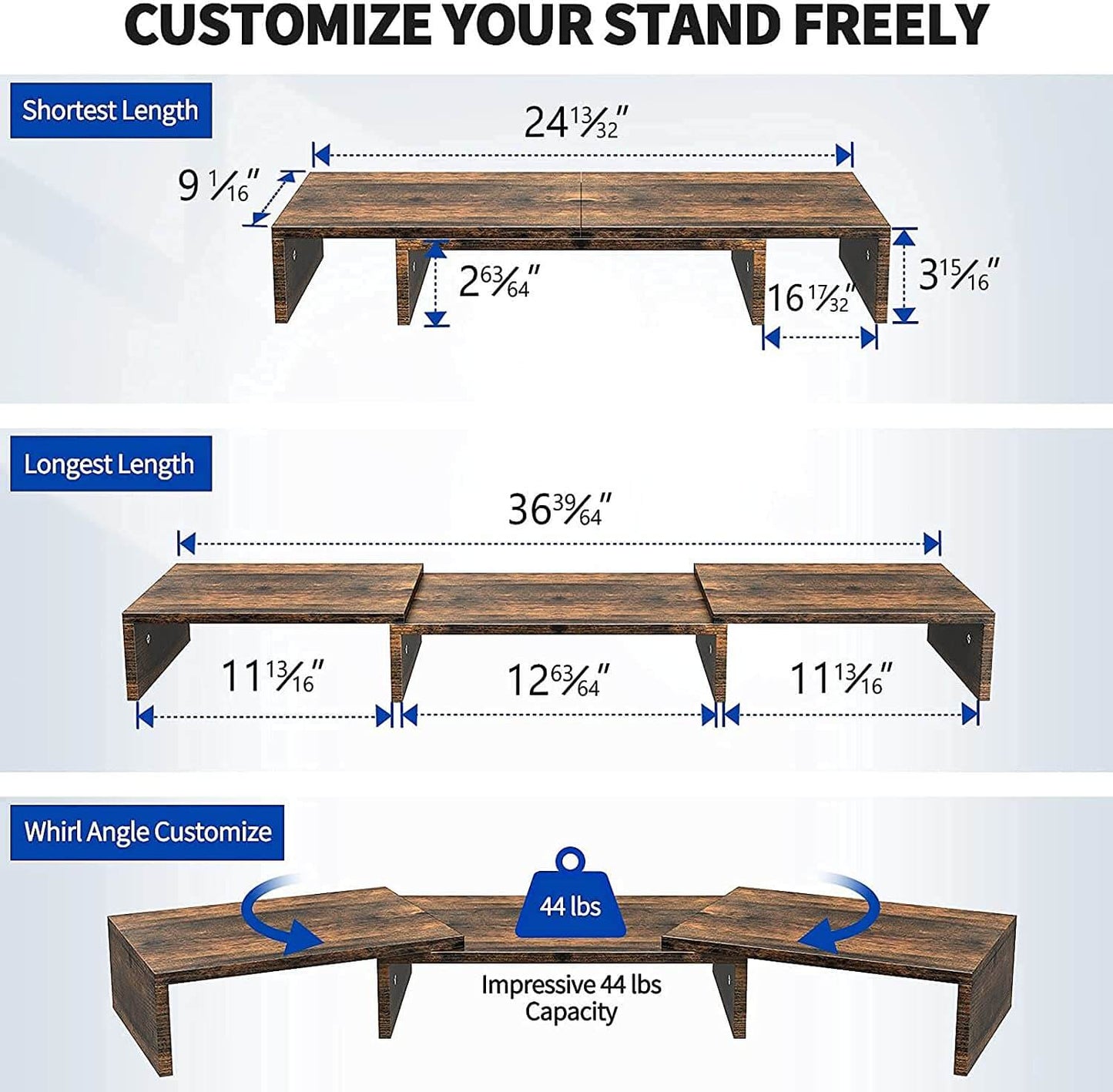 WOKA Rust Brown 3 Shelf computer monitor stand size