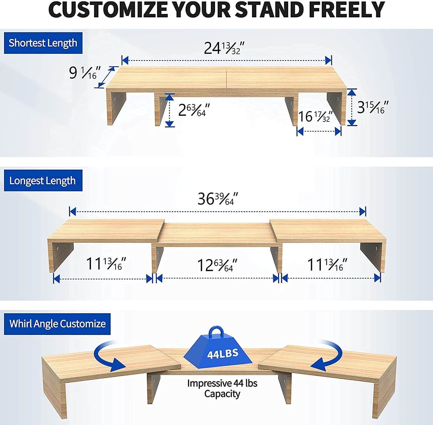 WOKA Natural  3 Shelf computer monitor stand size