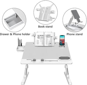 Gray laptop bed desk with phone stand, book stand, and drawer