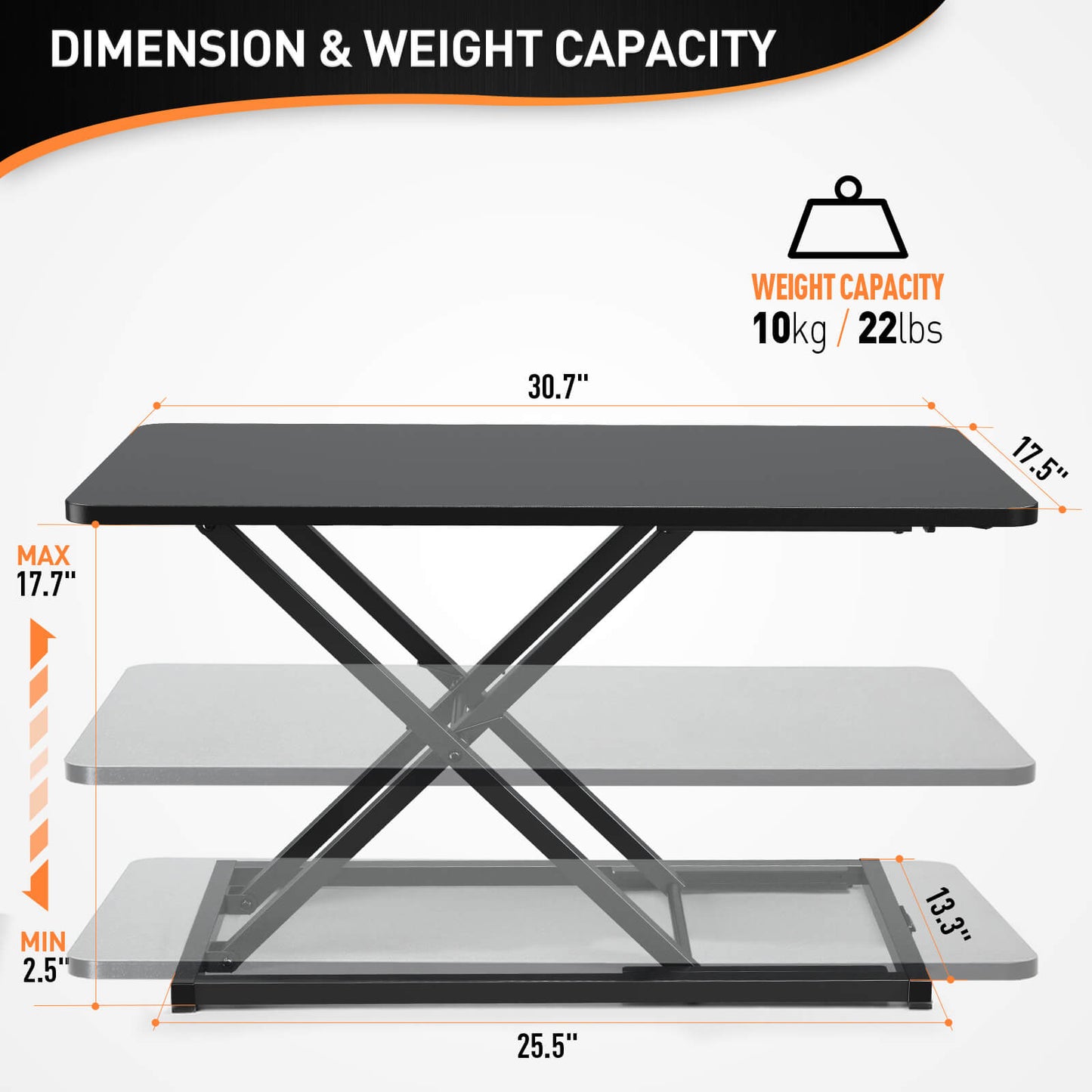 30.7" Height Adjustable Stand Up Desk with Gas Spring