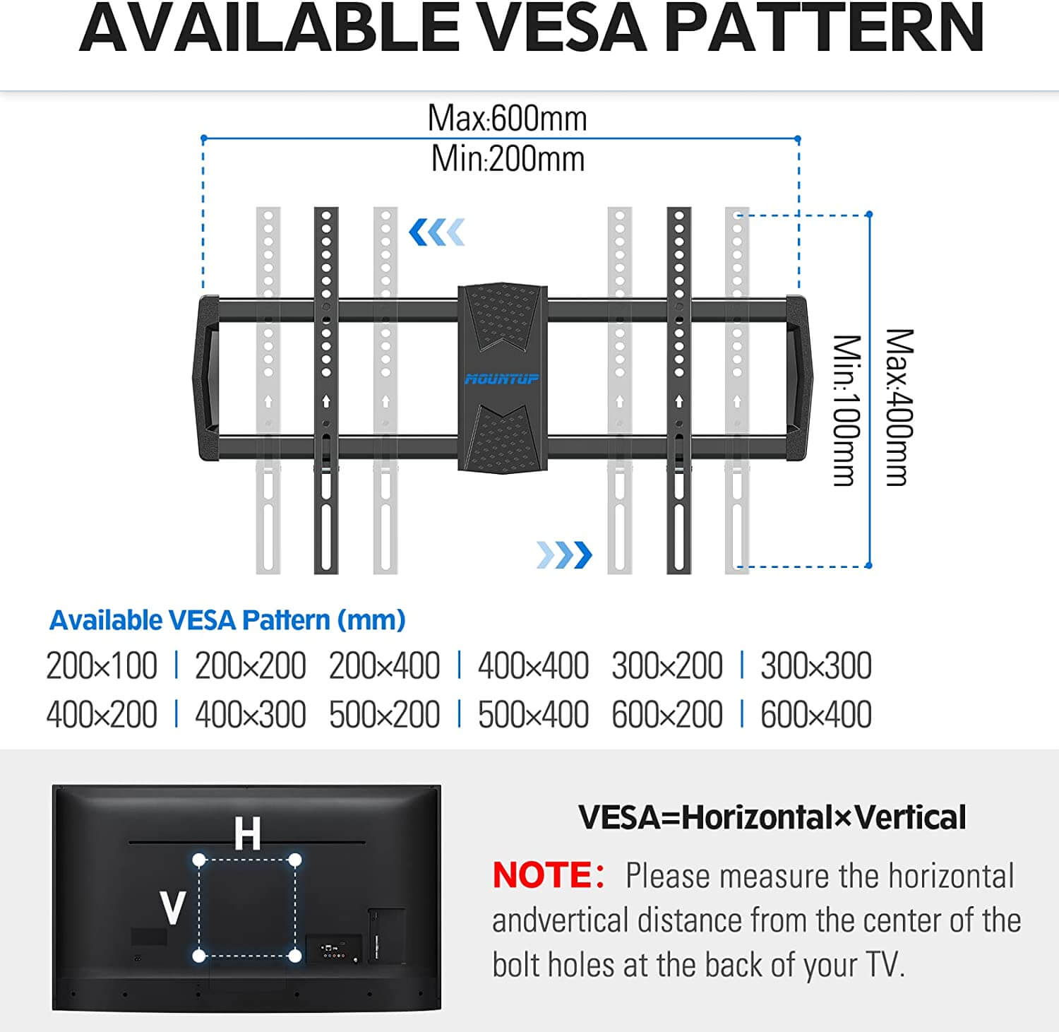 TV mount for VESA from 200×100 to 600×400 mm