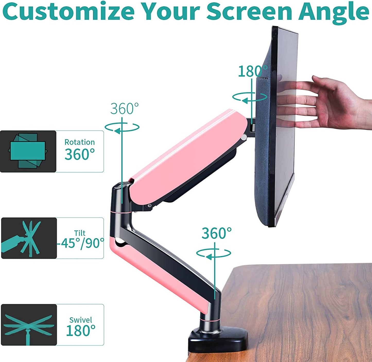 Single Arm pink monitor arm mount with rotation, tilt and swivel to customize a preferred angle